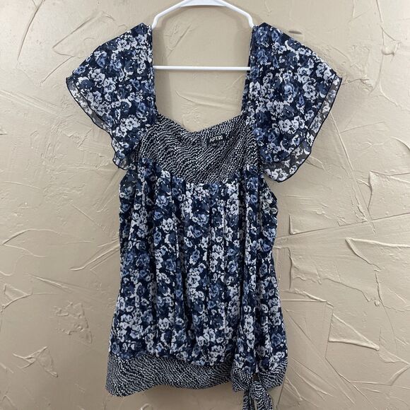 APT 9. Whimsy Tie Top Women L Floral Blue Flutter Sleeve Peasant Blouse Y2k Chic - Picture 14 of 16